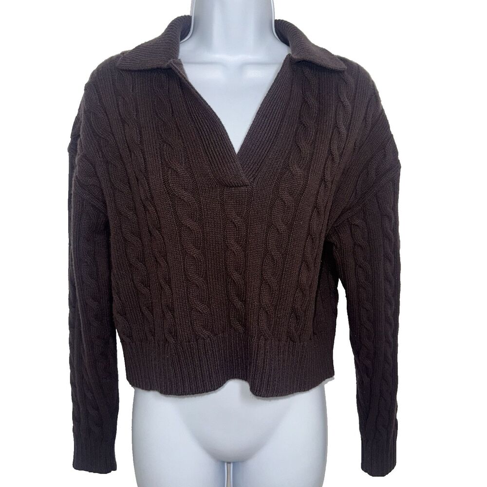 Aritzia Sunday Best Lottie Relaxed Polo Sweater Brown Merino Wool Cable Women XS